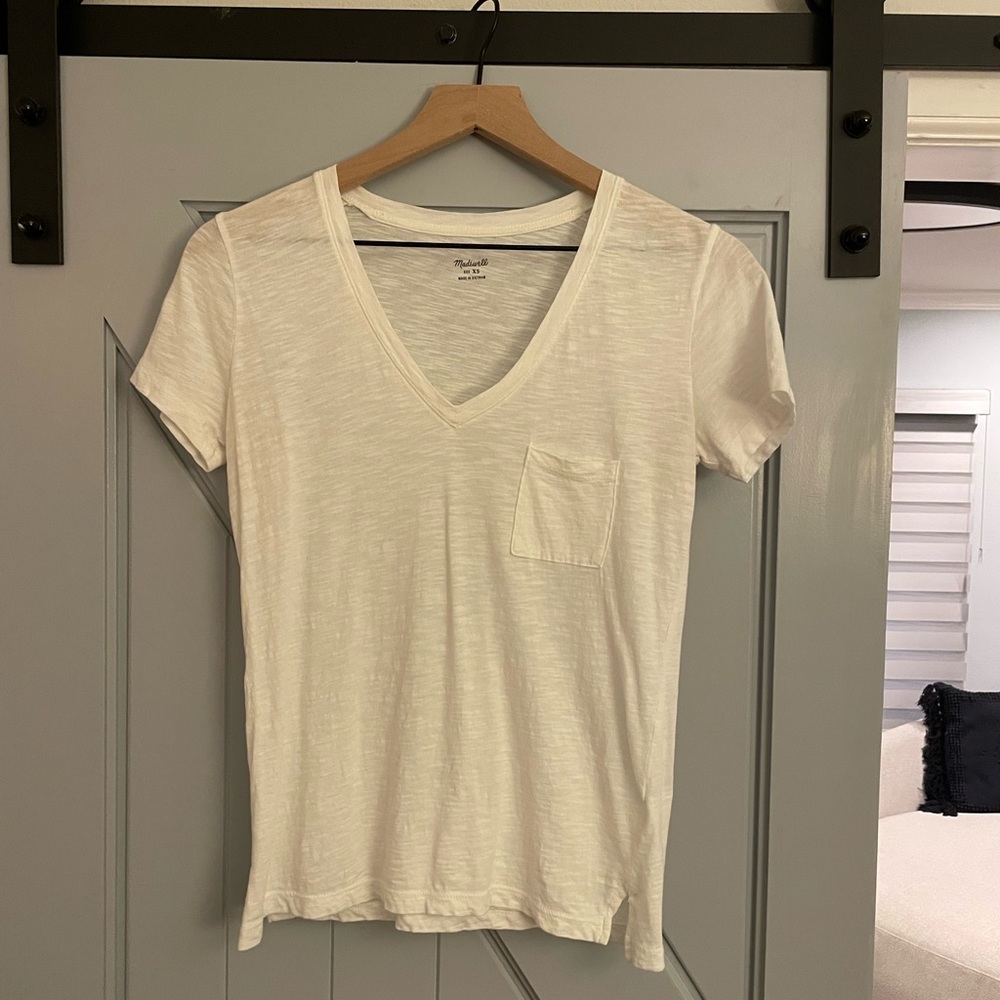 Madewell White V-Neck Pocket Tee